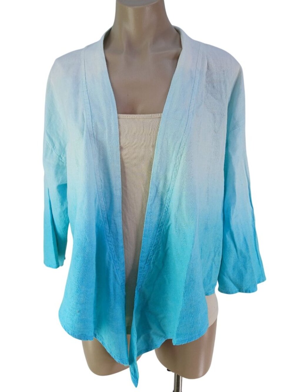 Denim & Co. Naturals Linen Blend Ombre Tie Front Shrug Size M Blue Teal Cardigan
